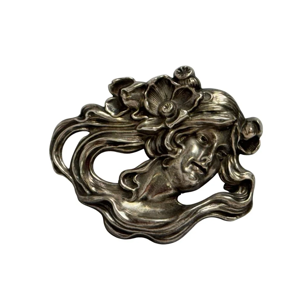 William Kerr Art Nouveau Sterling Silver lady hair flowing Pin Vtg 1297 signed‎